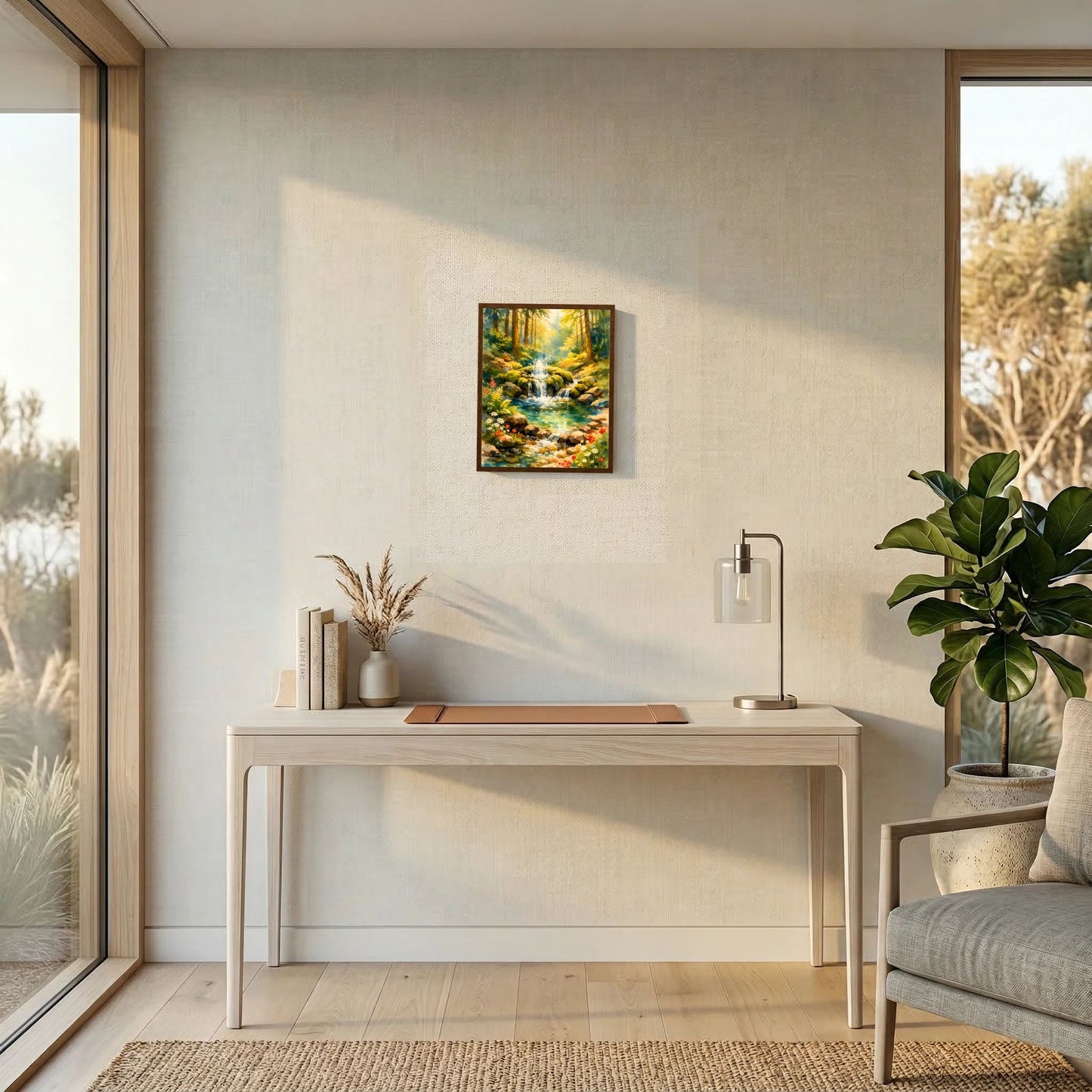 Wandposter in schwarzem Rahmen mit Wasserfall, Bach und bunten Blumen