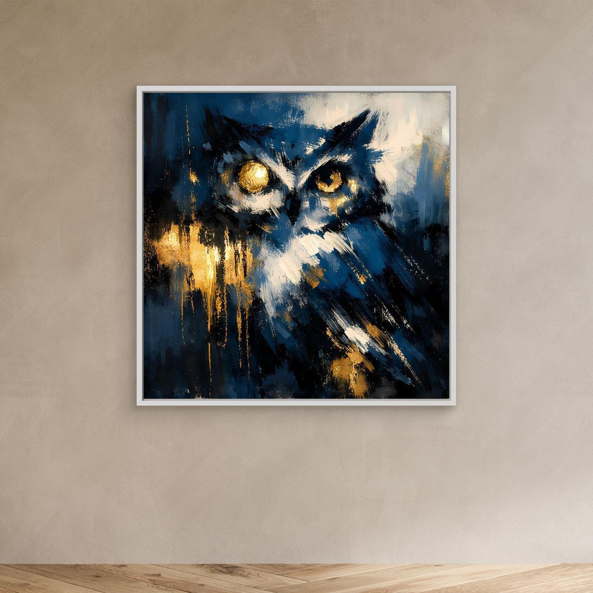 Leinwand-Wandbild mit abstrakter Eule in Blau und Gold, mit weißem Rahmen