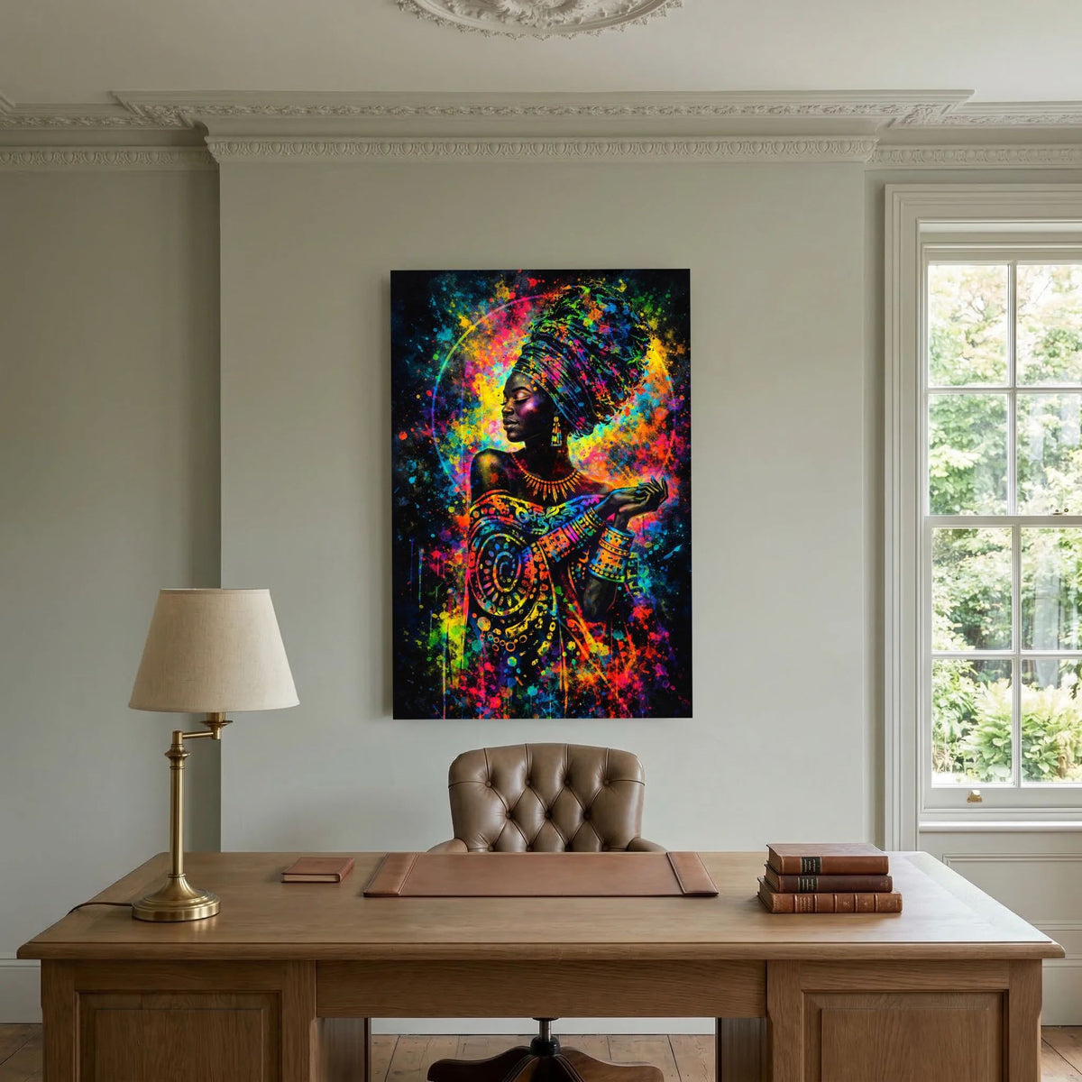 Wandbild mit abstrakter Frauensilhouette, bunte Farbkleckse, schwarzer Rahmen