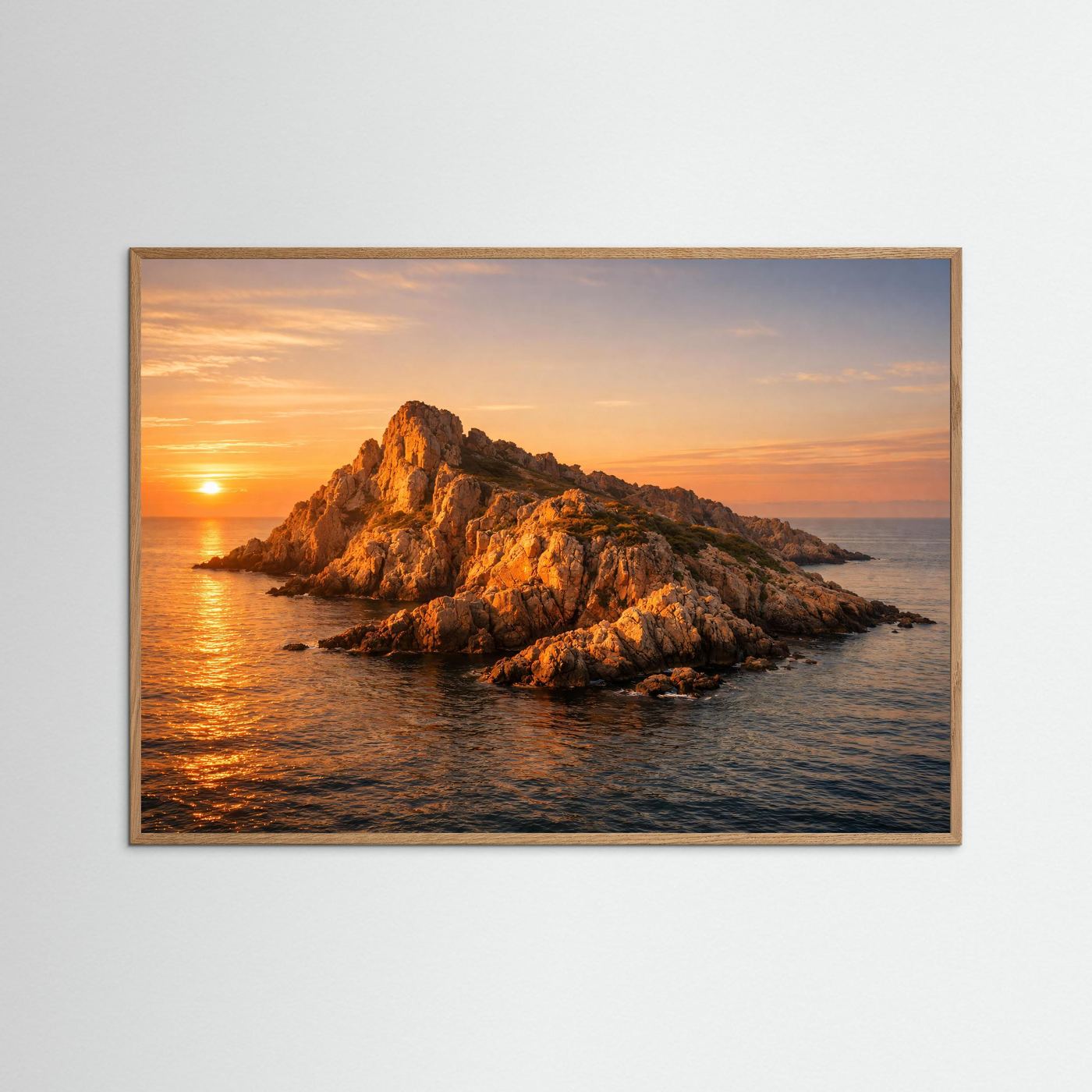 Goldene Felseninsel im Sonnenuntergang | Küsten- & Meeres-Panorama Poster Querformat