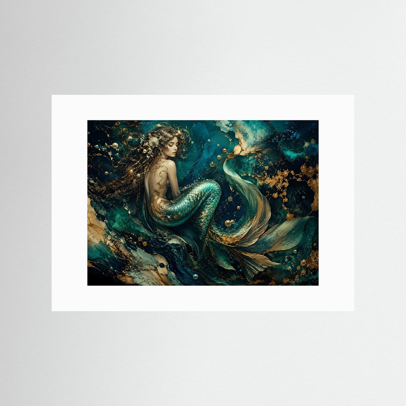 Mystische Meerjungfrau in Türkis & Gold | Luxuriöse Unterwasser Fantasy Kunst – Poster Querformat