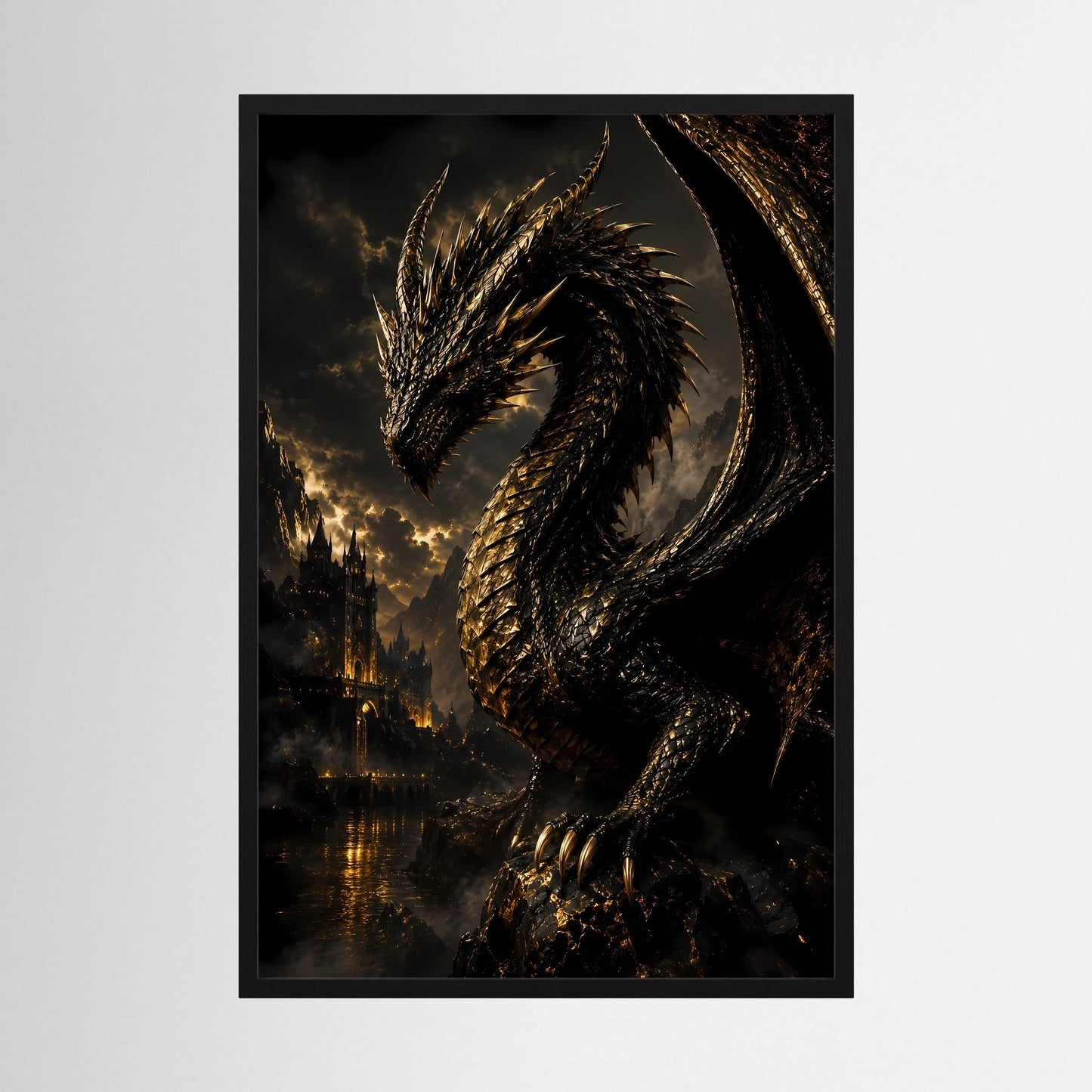 Hochformatiges Poster mit schwarzem Drachenmotiv in schwarzem Rahmen