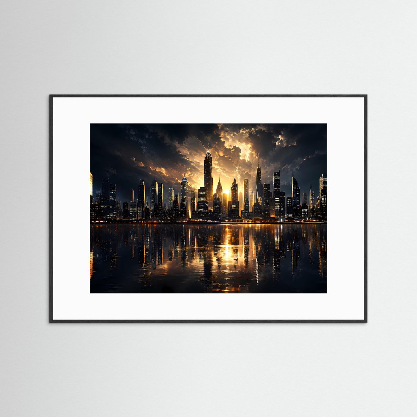 Skyline Poster Gold Schwarz | Moderne Wolkenkratzer bei Sonnenuntergang | City Skyline Wandbild | Luxus Architektur | Leinwand | Premium Wall Art