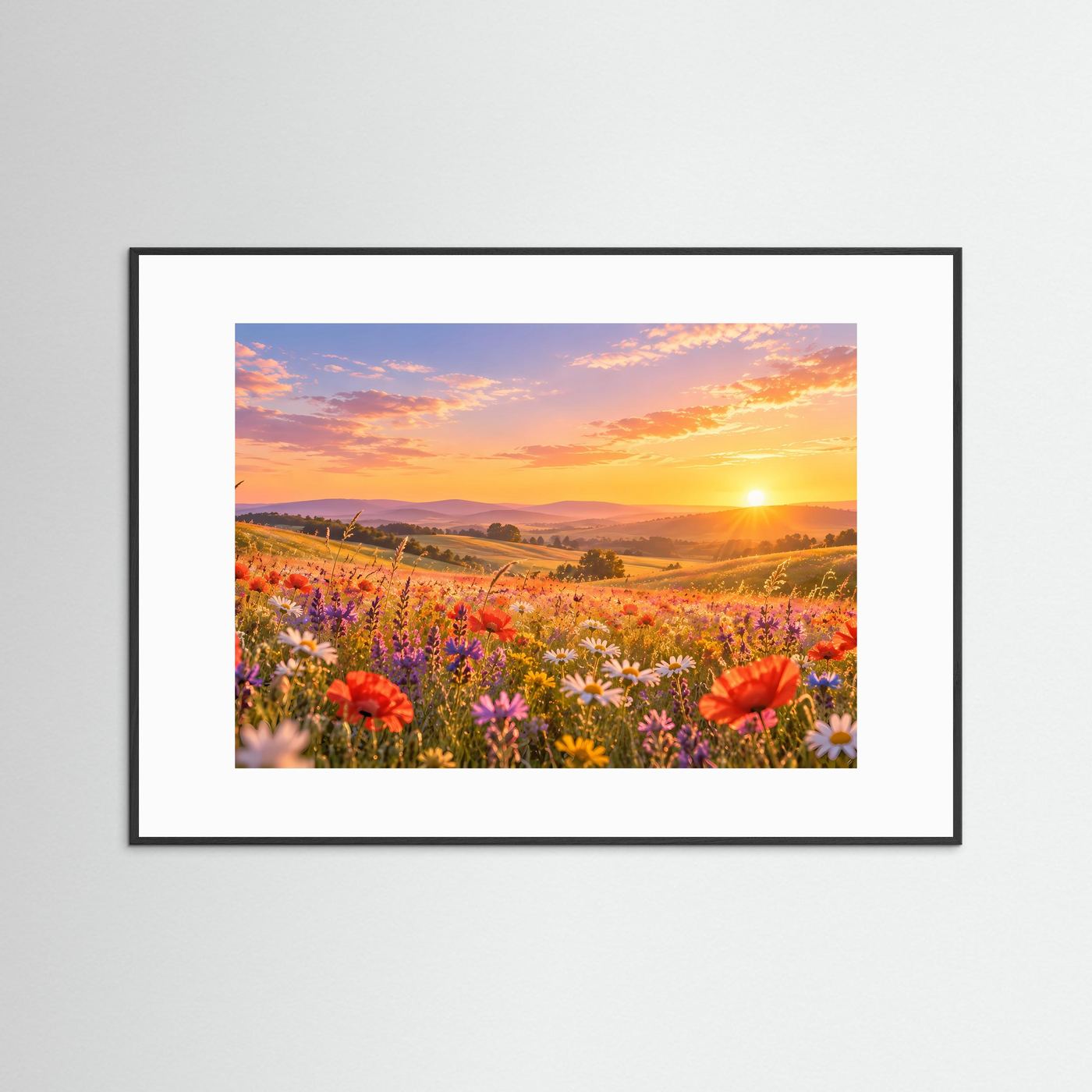 Gerahmtes Landschaftsbild in Schwarz-Weiß-Rahmenoptik: Mohn- und Wildblumen bei Sonnenuntergang