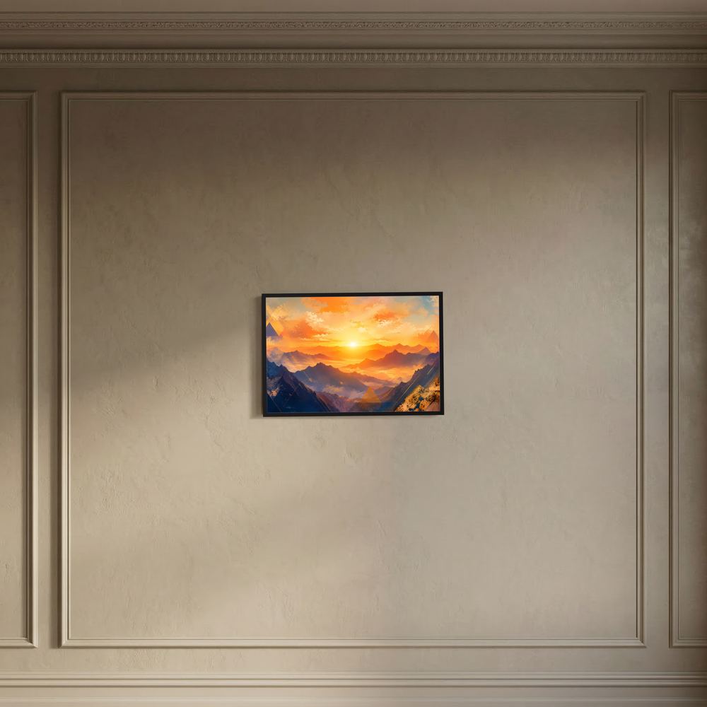 Kleines gerahmtes Landschaftsbild mit Bergpanorama im Sonnenuntergang, orange-blau, schwarzer Rahmen