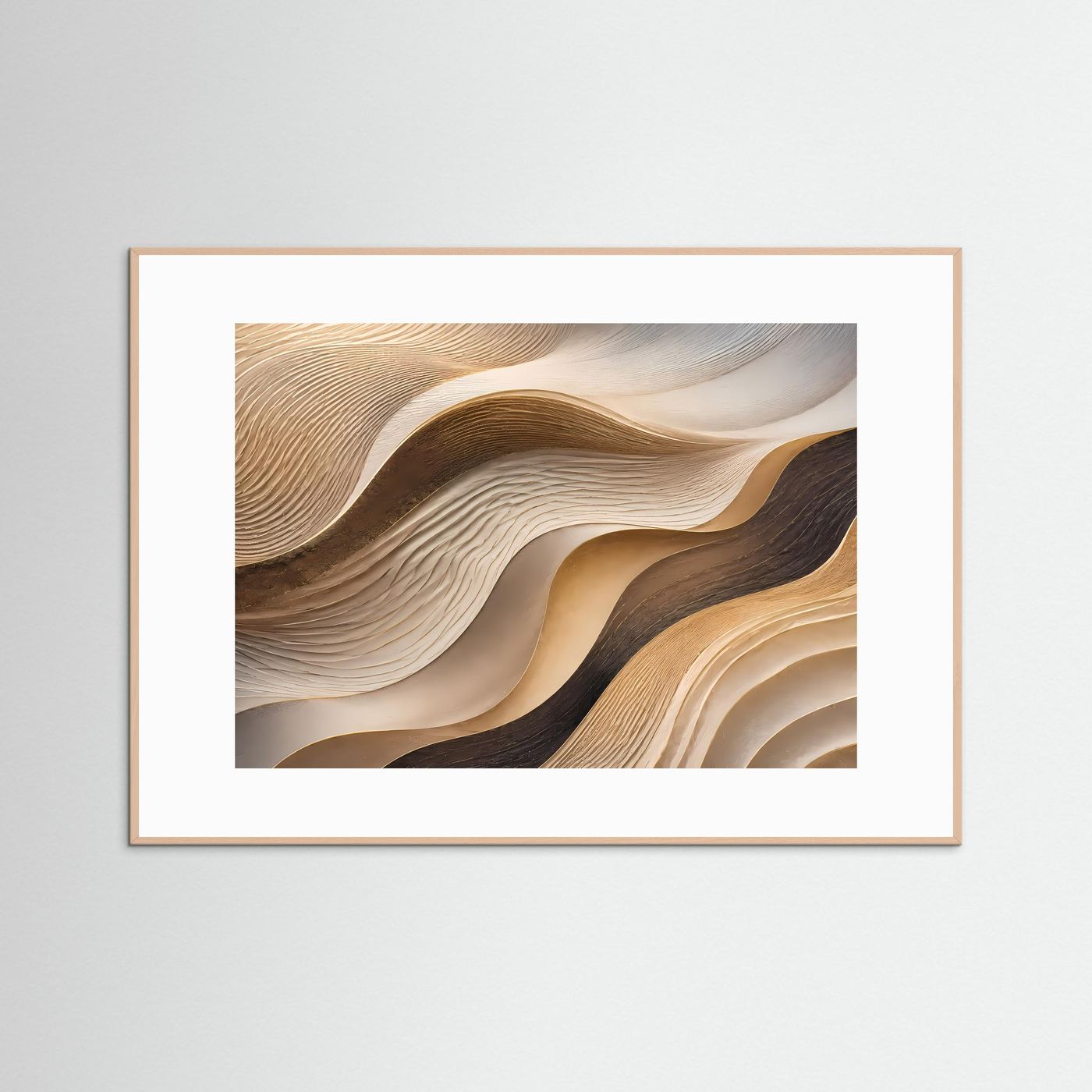 Gerahmte Wandkunst mit abstrakten Wellen in Beige und Gold, weißer Passepartout-Rahmen