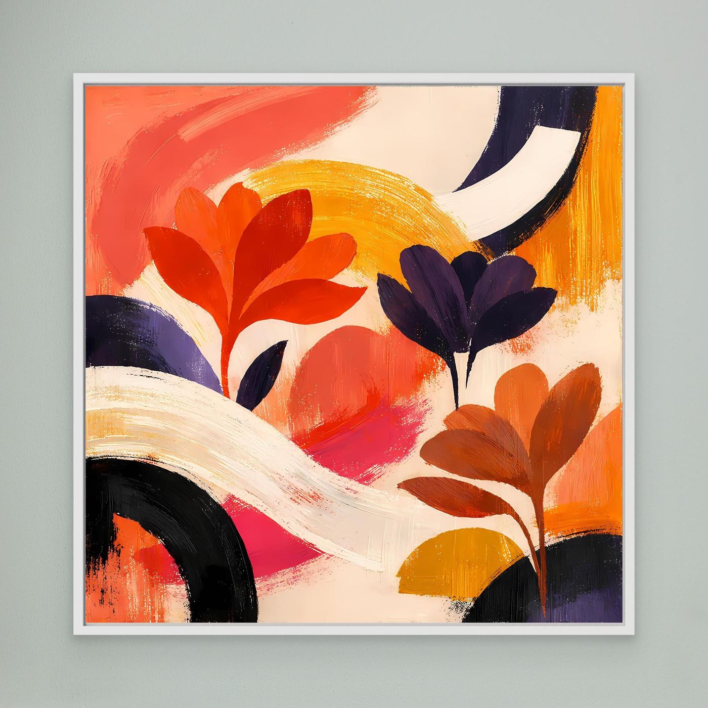 Leinwandbild mit orange-roten abstrakten Blumen, weißer Rahmen