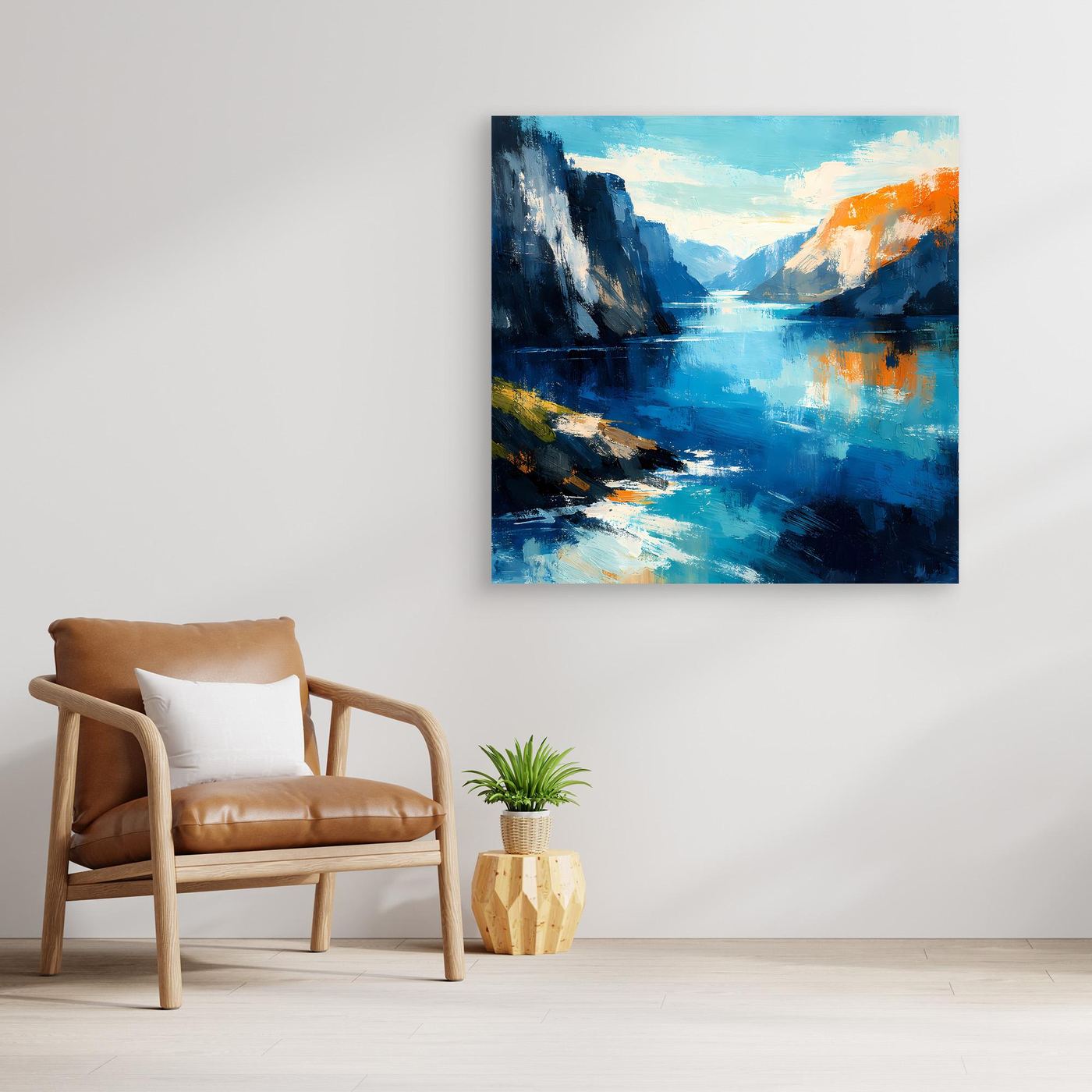 Leinwand Abstraktes Fjord Gemälde | Modernes Norwegisches Wandbild Blau Orange