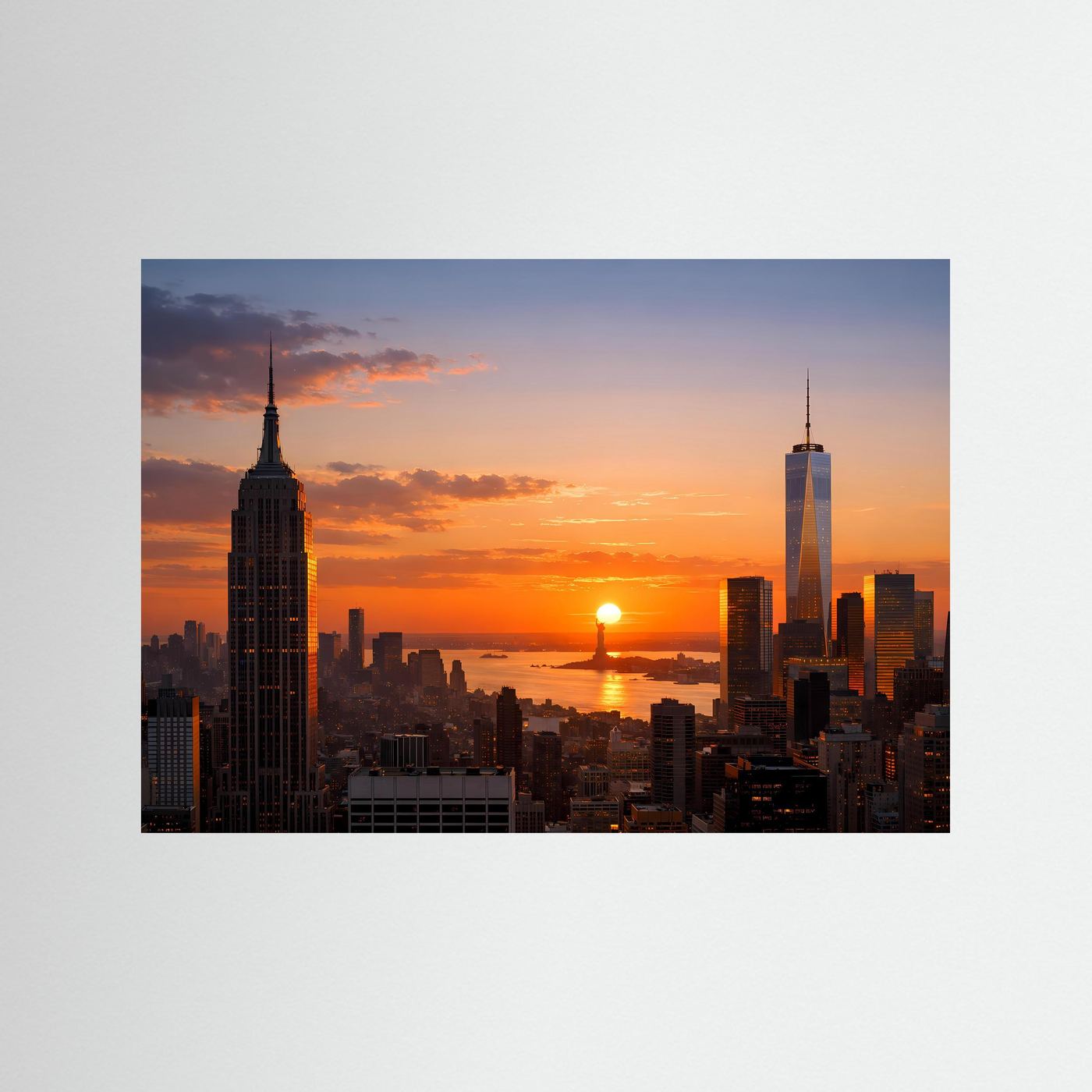 Stadtposter im Querformat mit blauem Rand und Skyline bei Sonnenuntergang