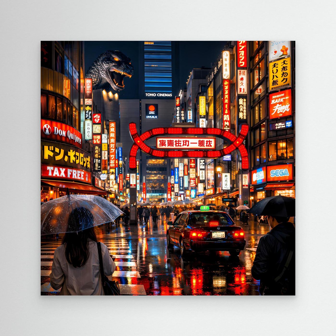 Leinwand Pulsierendes Tokio bei Nacht | Urbanes Kabukicho Kaiju Wandbild