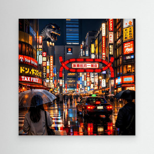 Gerahmtes Leinwandbild: Kaiju über Tokio-Straße bei Nacht, Regenschirm und Autos