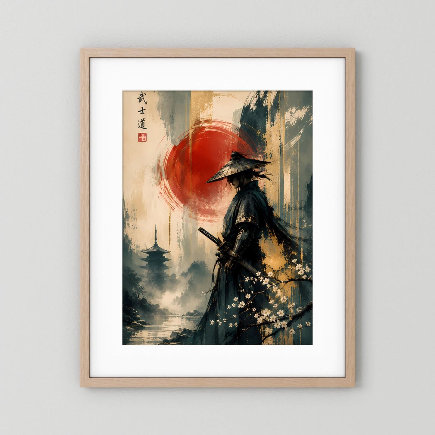 Hochformat-Poster mit Samurai-Krieger vor roter Sonne, hellbrauner Rahmen