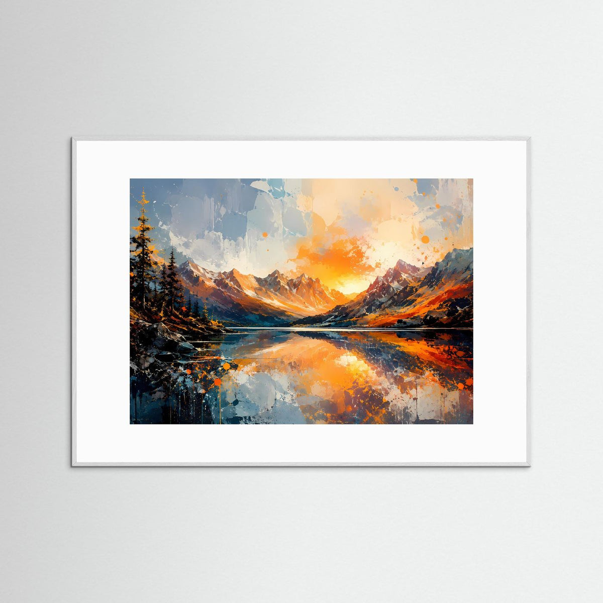 Gerahmtes Kunstdruckbild im weißen Rahmen: Berglandschaft mit Bergsee, orange und blau