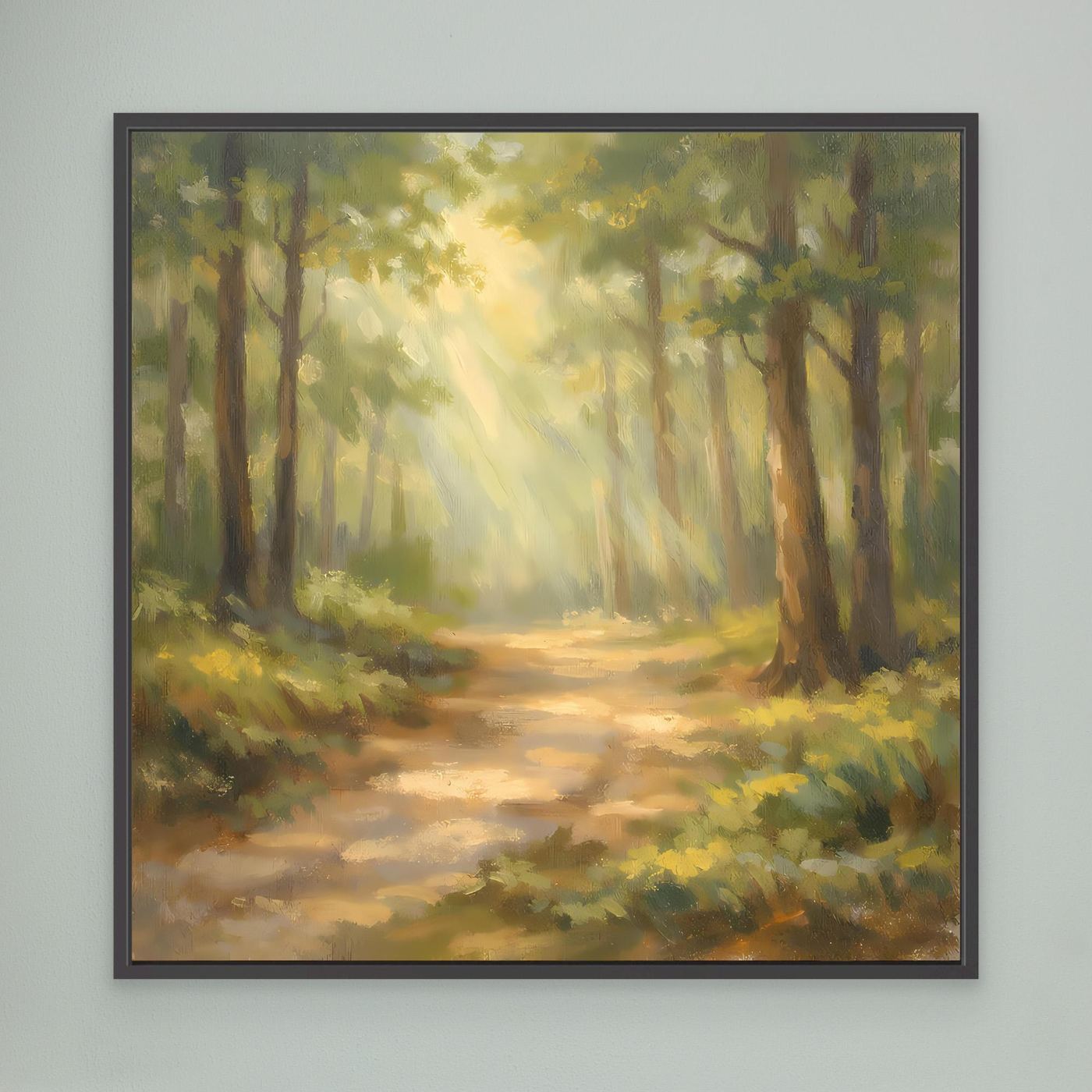 Leinwandbild Waldweg im Sonnenschein, schwarz gerahmt