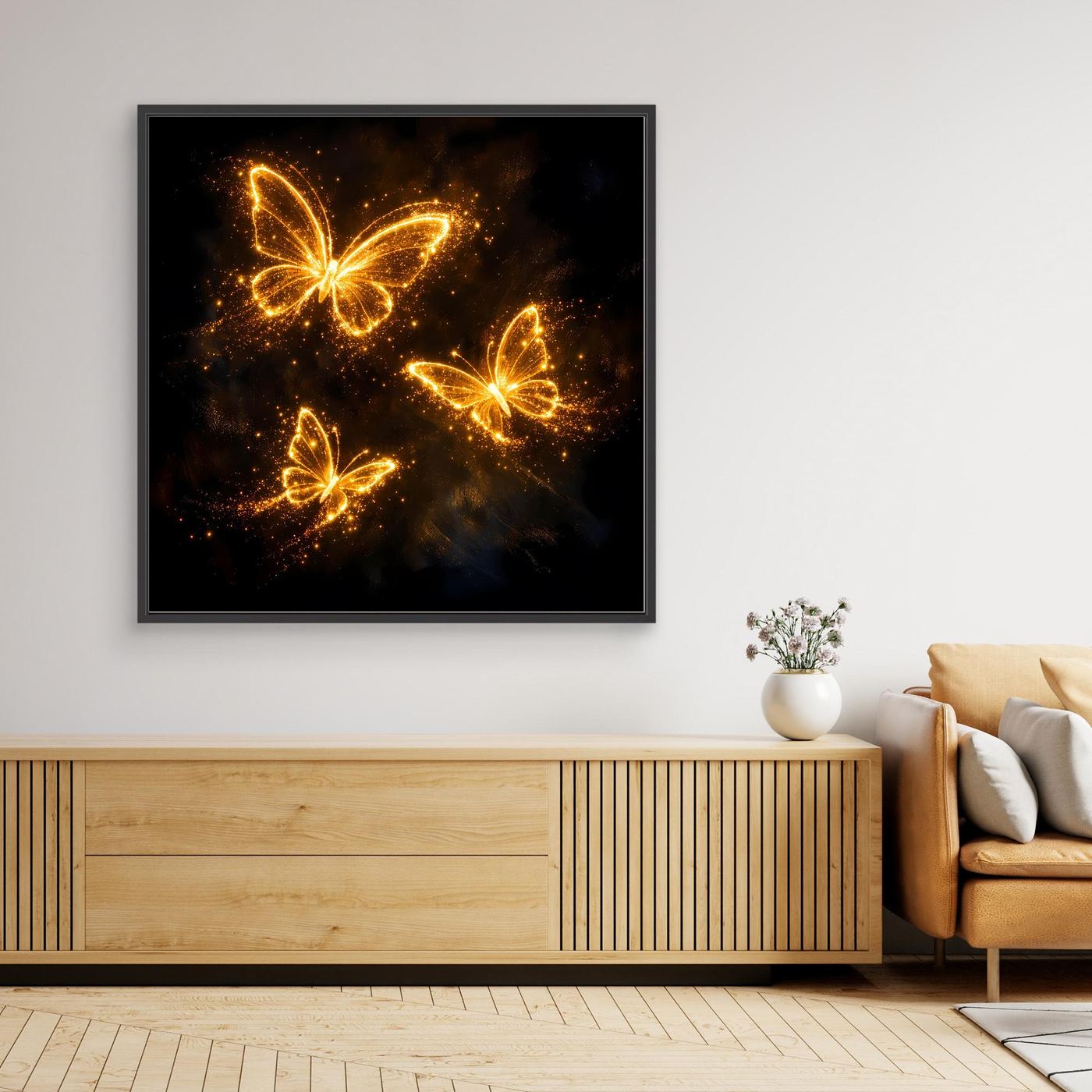 Premium Leinwand Leuchtende Schmetterlinge in Gold | Elegantes Fantasy Wandbild abstrakt