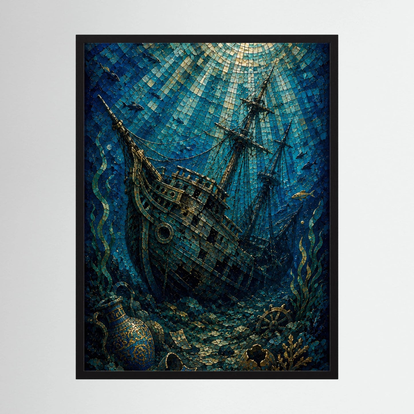 Gehaltenes Hochformat-Poster: Mosaik-Segelschiff unter Wasser in Blau und Gold, schwarze Einfassung