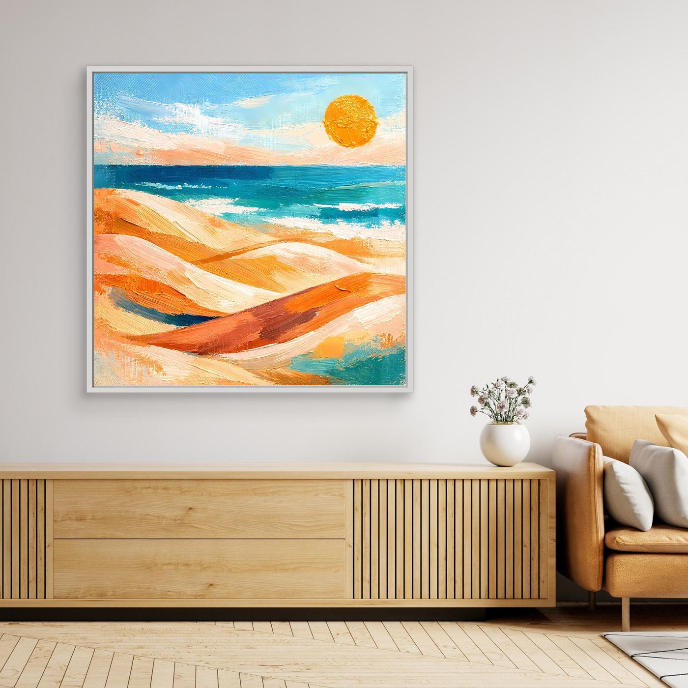 Gerahmtes Leinwandbild mit abstrakten Dünen, Meer und orangefarbener Sonne