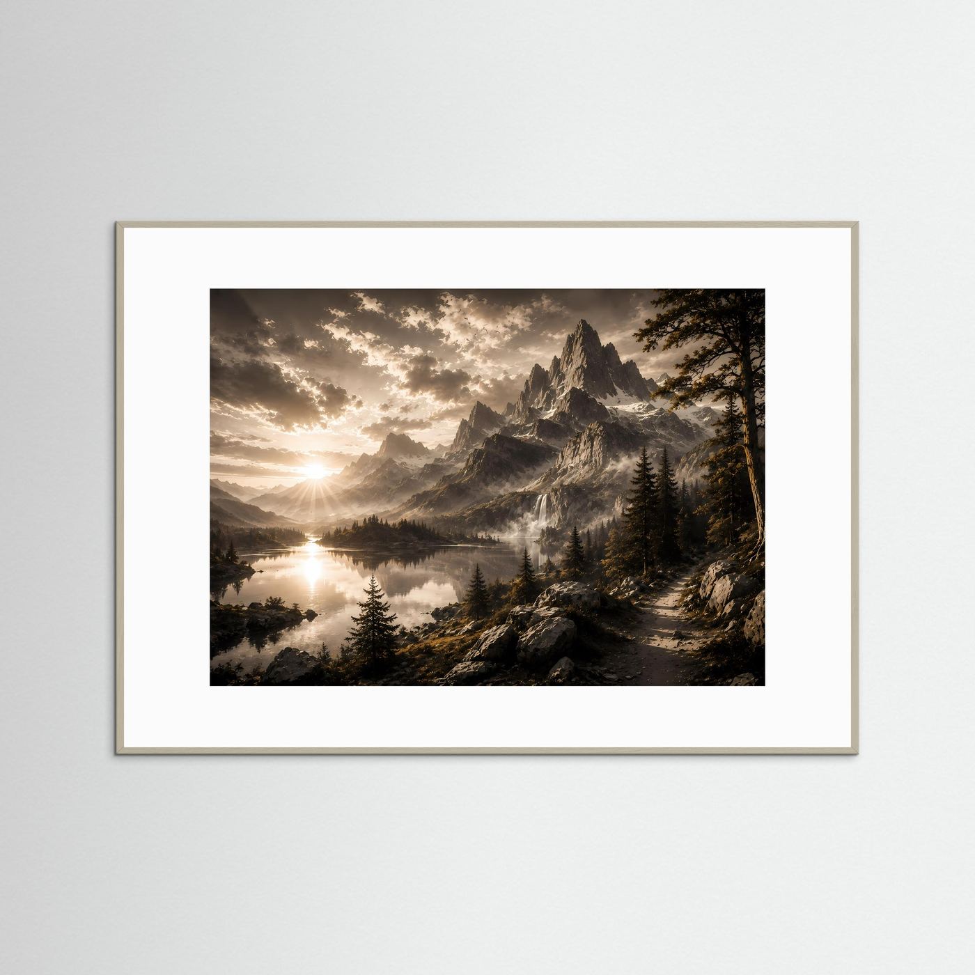 Querformat-Poster mit Bergsee-Landschaft, Rahmen in Hellgrau
