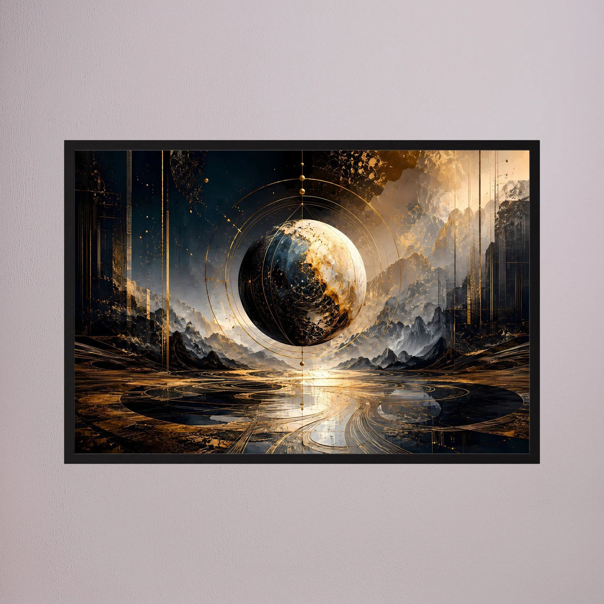 Abstraktes Weltkugel-Poster: goldene Planetensphäre über dunkler Landschaft, mit schwarzem Rand