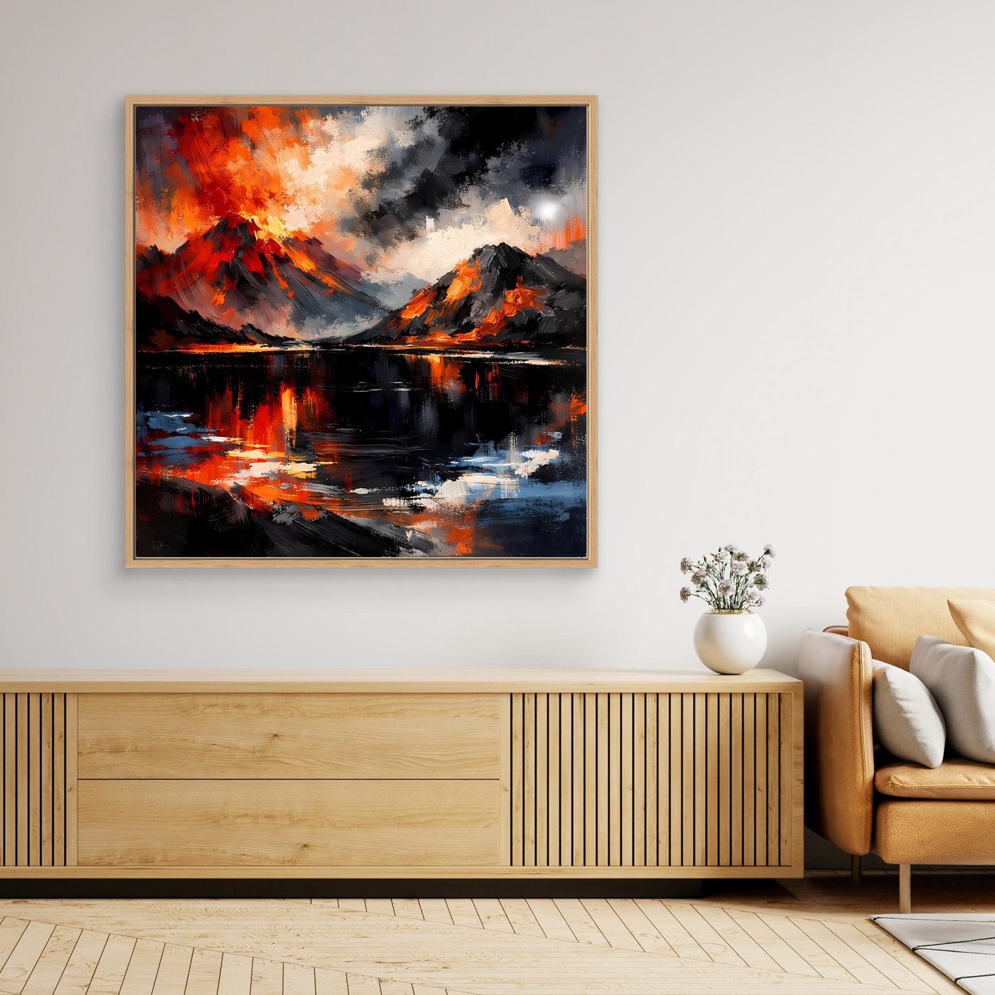 Abstraktes Vulkan-Wandbild mit Lava am See, heller Holzrahmen