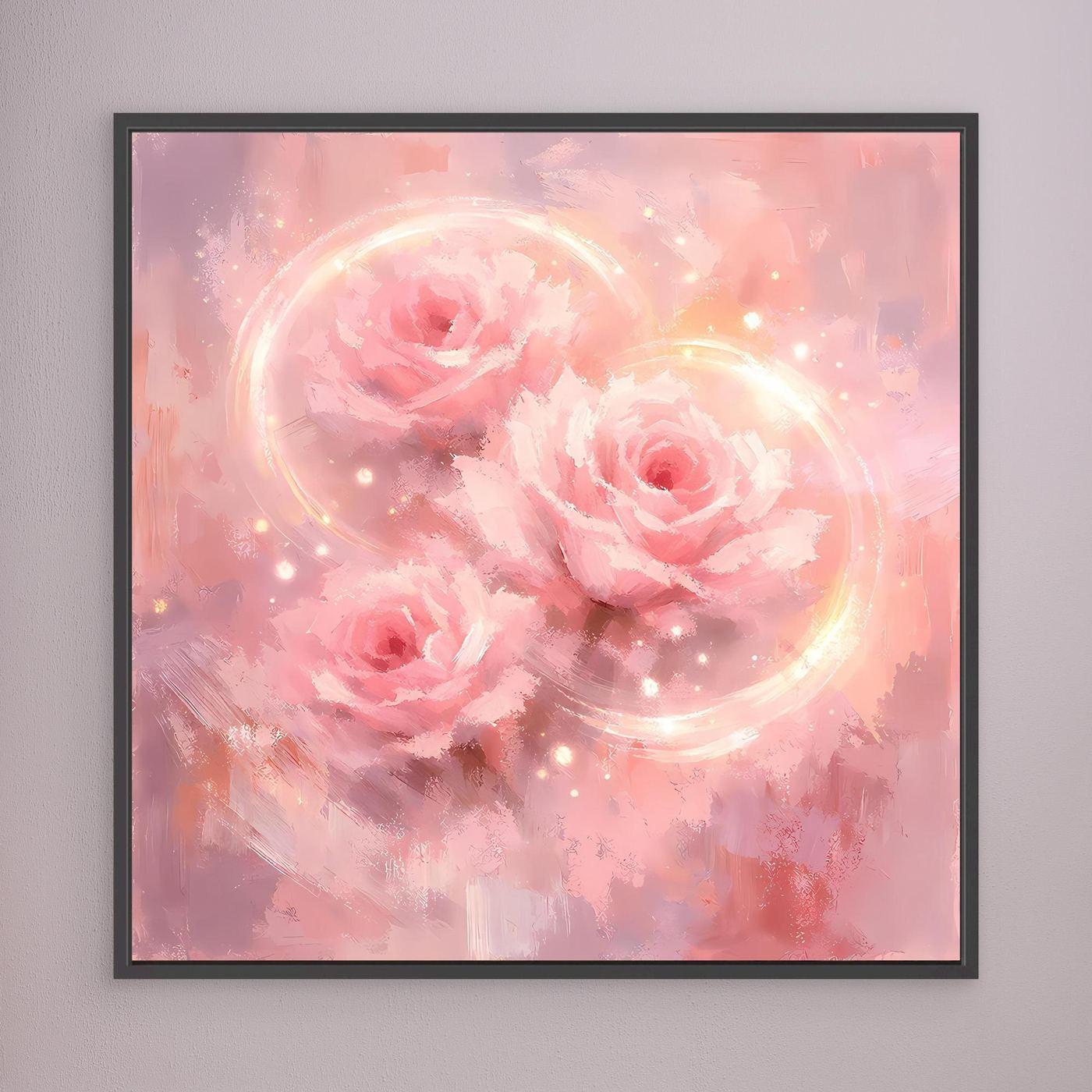 Wandbild mit rosa Rosen, schimmernden Kreisen und Punkten, schwarz gerahmt