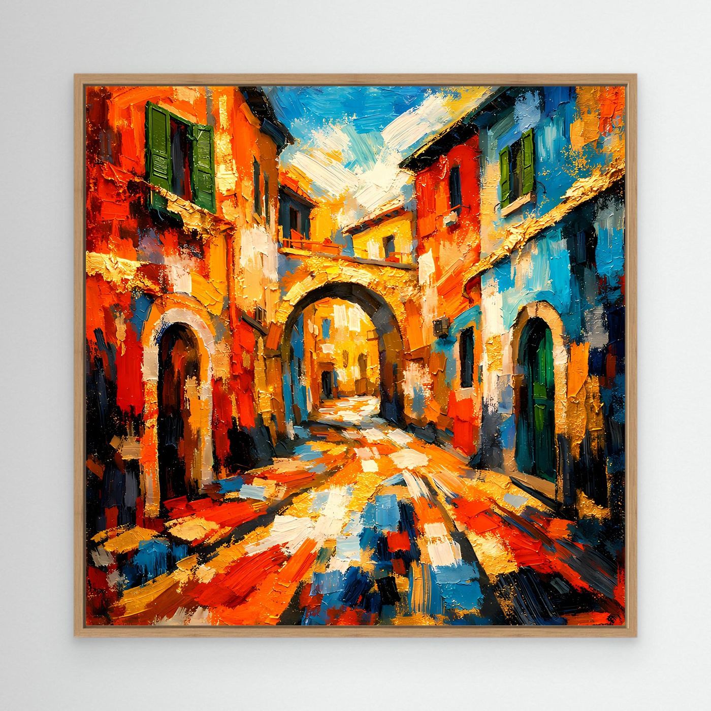 Leinwandbild mediterrane Gasse mit Holzrahmen, farbige Häuser und Kopfsteinpflaster, abstrakt