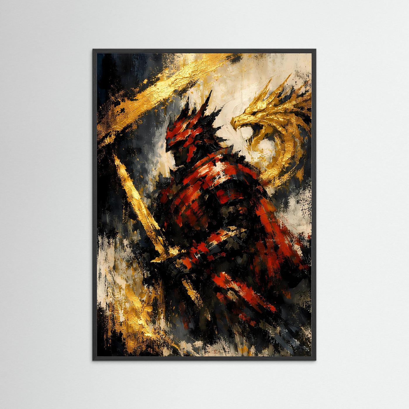 Samurai- und Drachenposter im Hochformat mit schwarzem Rahmen, abstraktes Motiv in Gold und Rot
