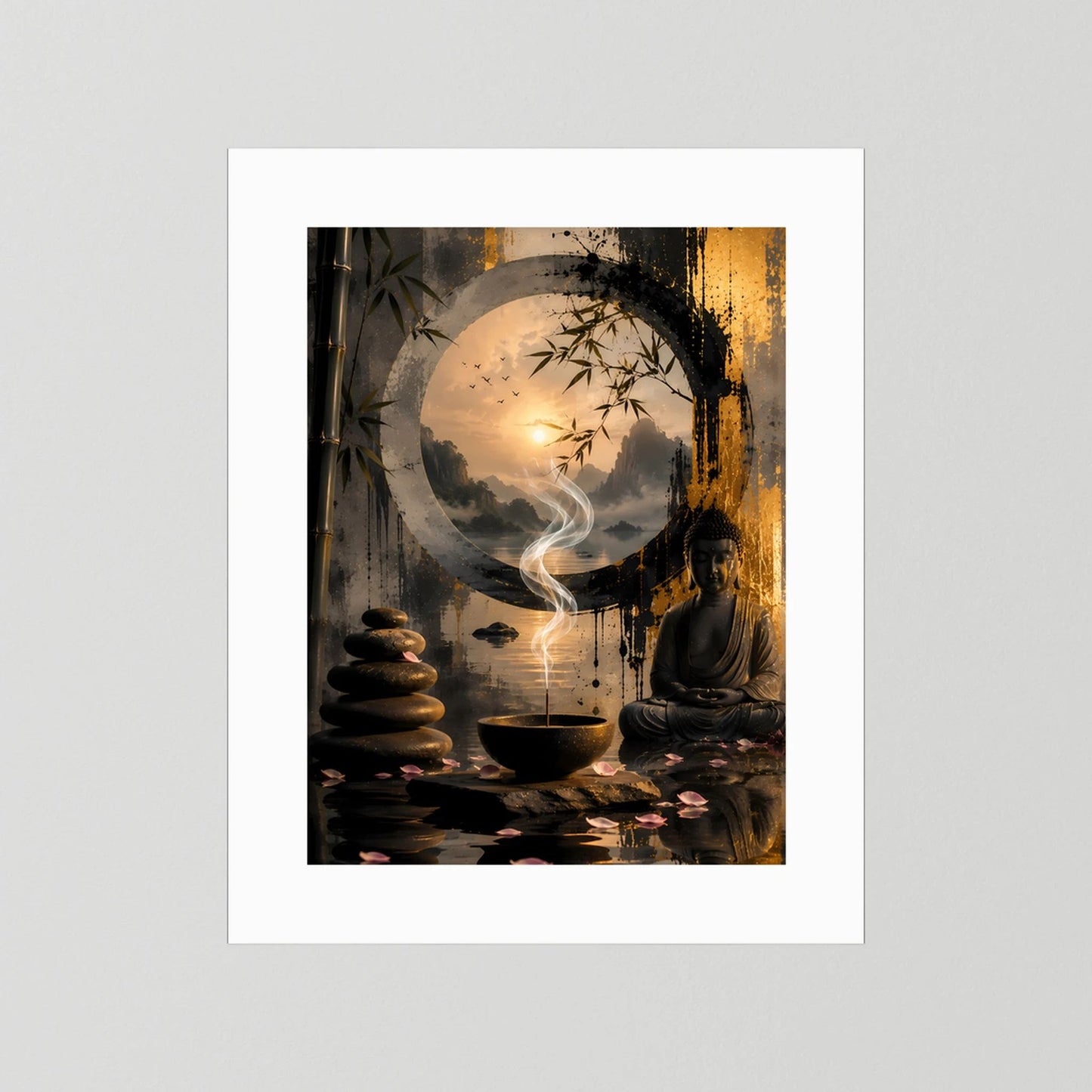 Poster mit weißem Rahmen: sitzender Buddha, Rauch in Kreislandschaft, Teeschale