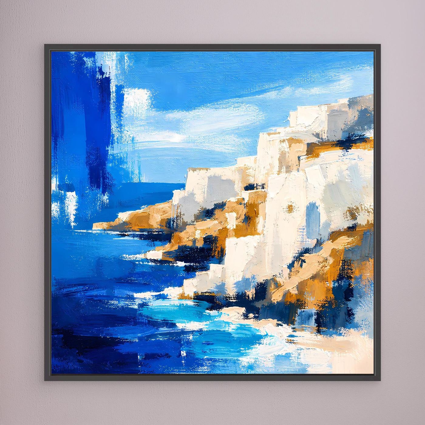 Leinwand-Wandbild mit abstrakter Küstenlandschaft in Blau und Weiß, dunkel gerahmt