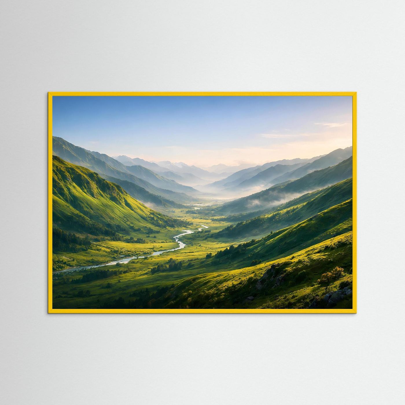 Poster mit Berglandschaft im Tal und Fluss, gelber Rahmen, Querformat