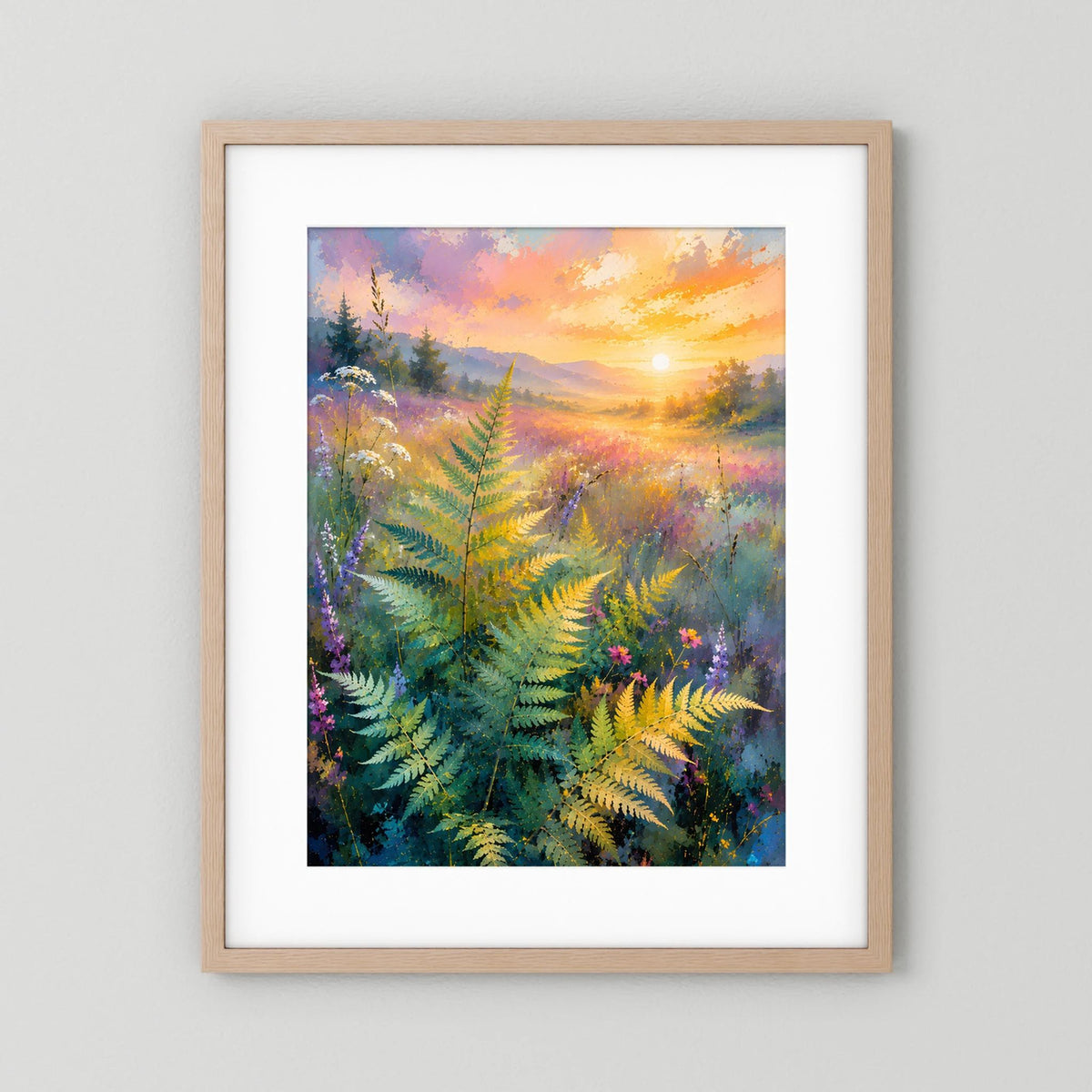 Poster im Hochformat mit abstrakter Farnlandschaft in Pastellfarben, Sonnenaufgang, hellbrauner Holzrahmen
