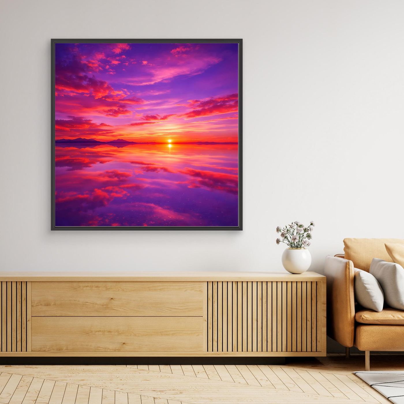Gerahmtes Leinwandbild: bunter Sonnenuntergang mit Wolken, schwarzer Rahmen