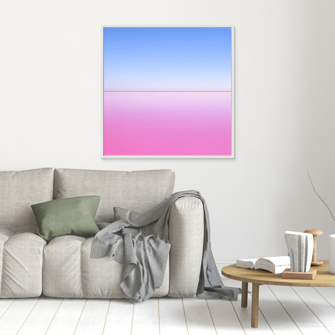 Quadratisches Leinwandbild mit Pastell-Horizont: Blau oben, Pink unten, weiß eingefasst