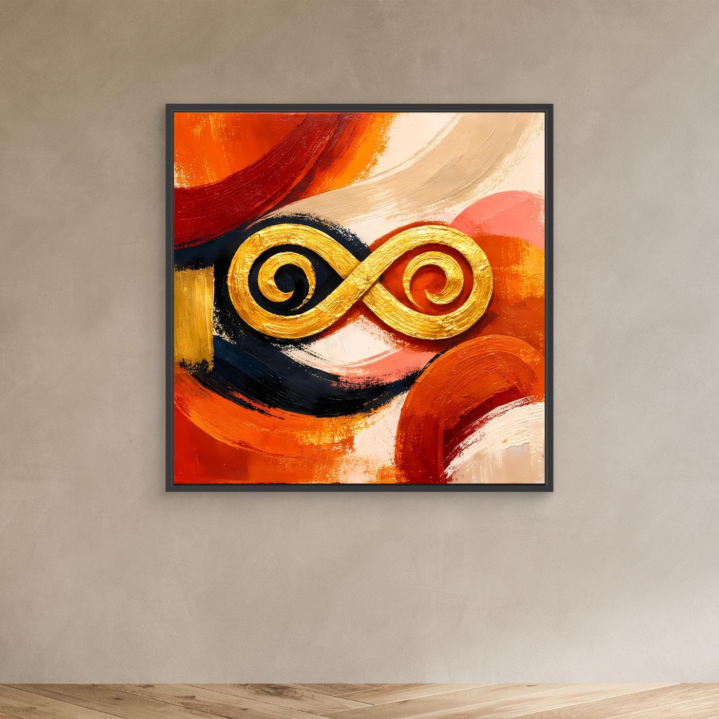 Abstraktes Leinwandbild mit goldener Unendlichkeits-Symbolik im schwarzen Rahmen, orange-rot