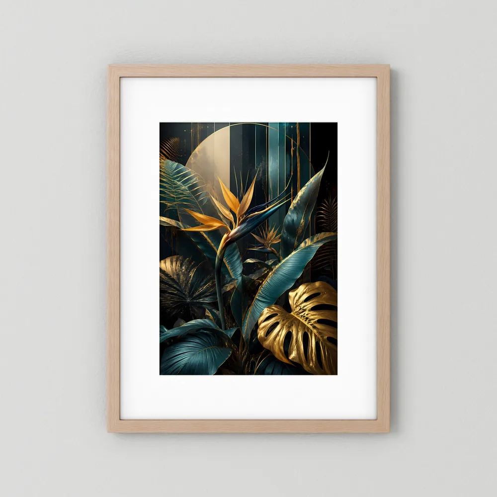 Gerahmtes Poster mit tropischen Blättern in Petrol und Gold, helle Holzrahmung