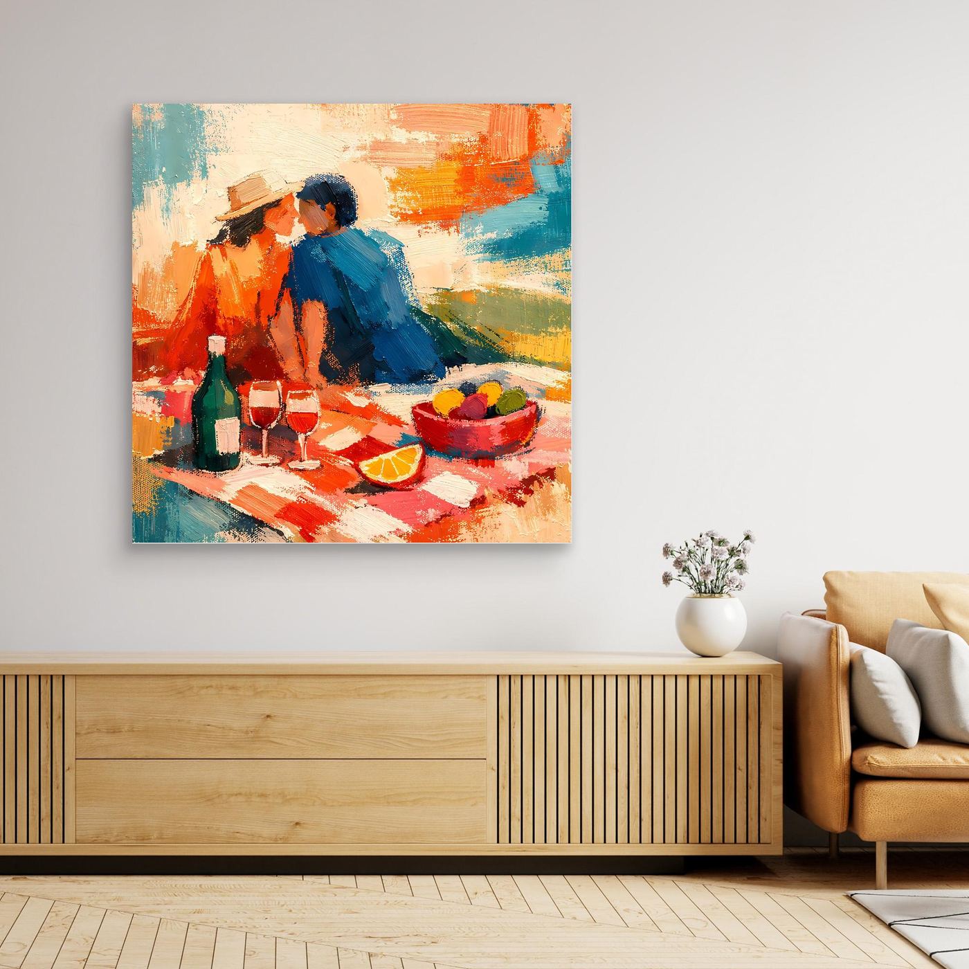 Leinwand-Wandbild mit hellem Holzrahmen, abstraktes Picknick-Pärchen im Querformat