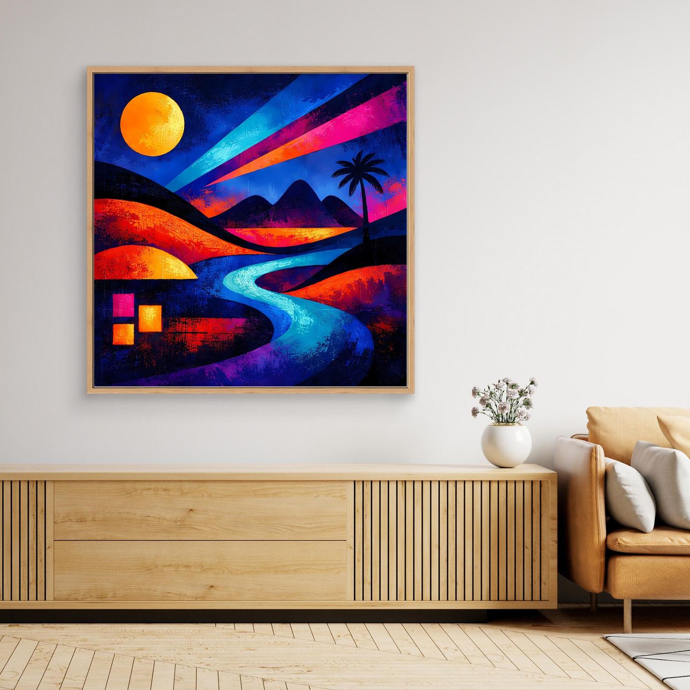 Gerahmtes Leinwandbild mit Holzrahmen: Palmen, orange Mond und farbiger Himmel über Fluss