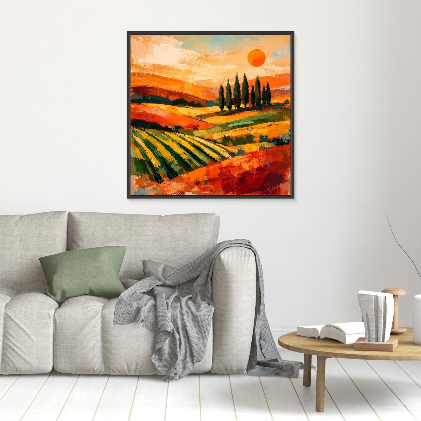 Kleines Leinwand-Wandbild Toskanische Hügellandschaft mit Zypressen und orangefarbener Sonne, schwarz