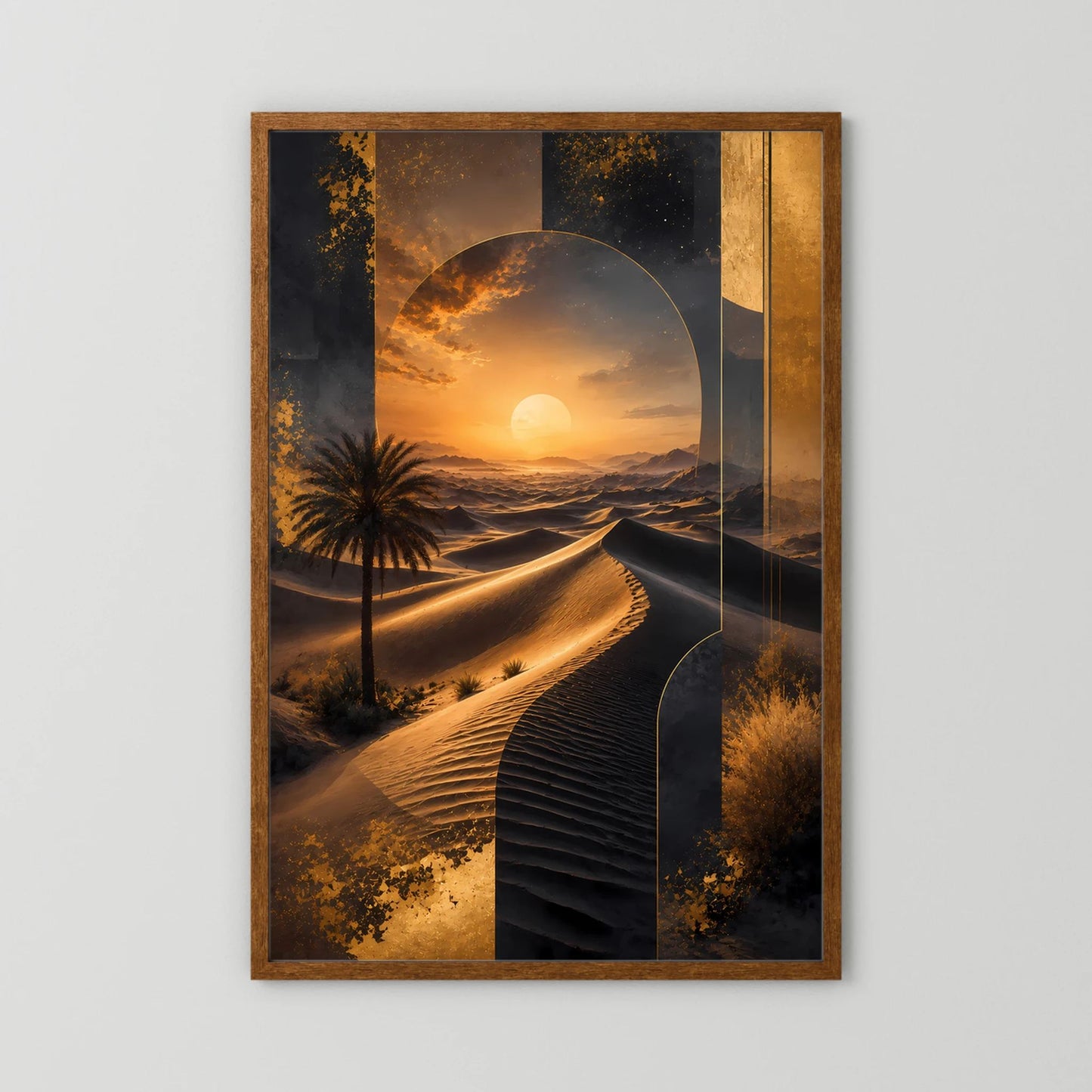 Hochformat-Poster mit Dünenlandschaft in Schwarz & Gold, goldene Sonne, brauner Holzrahmen