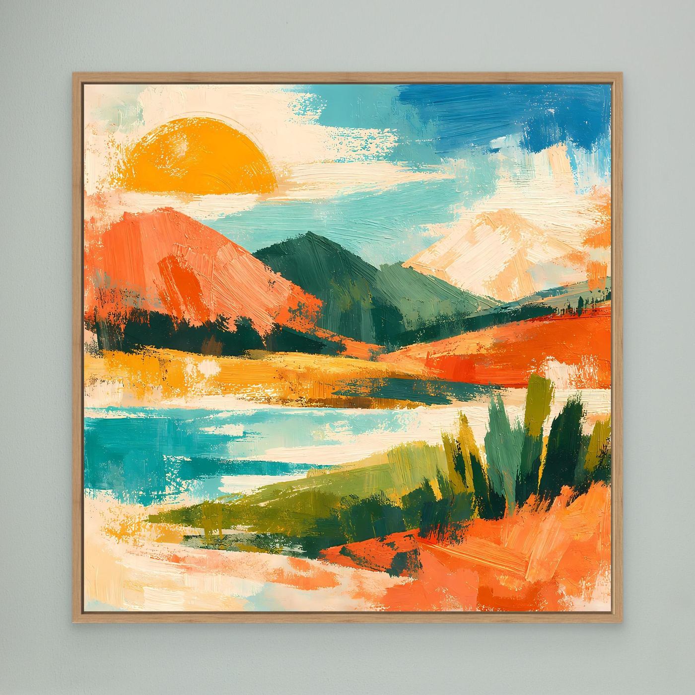 Gerahmtes Leinwandbild mit abstrakter See- und Berglandschaft, orange Sonne, heller Holzrahmen