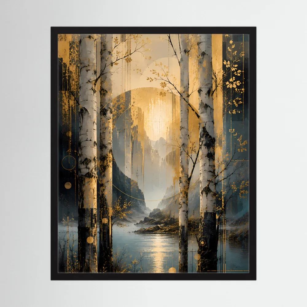 Gerahmtes Hochformat-Poster mit abstrakter Landschaft am See, Birken in Gold und Petrol
