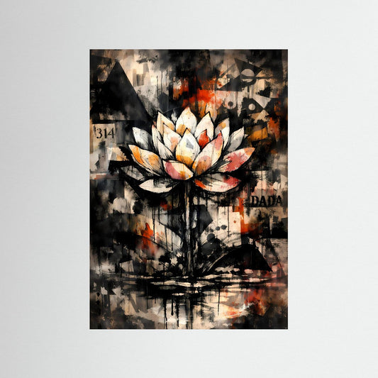 Kunstposter mit abstrakter Lotusblüte in Graphitschwarz, Altweiß & Rostorange, schwarzer Rahmen
