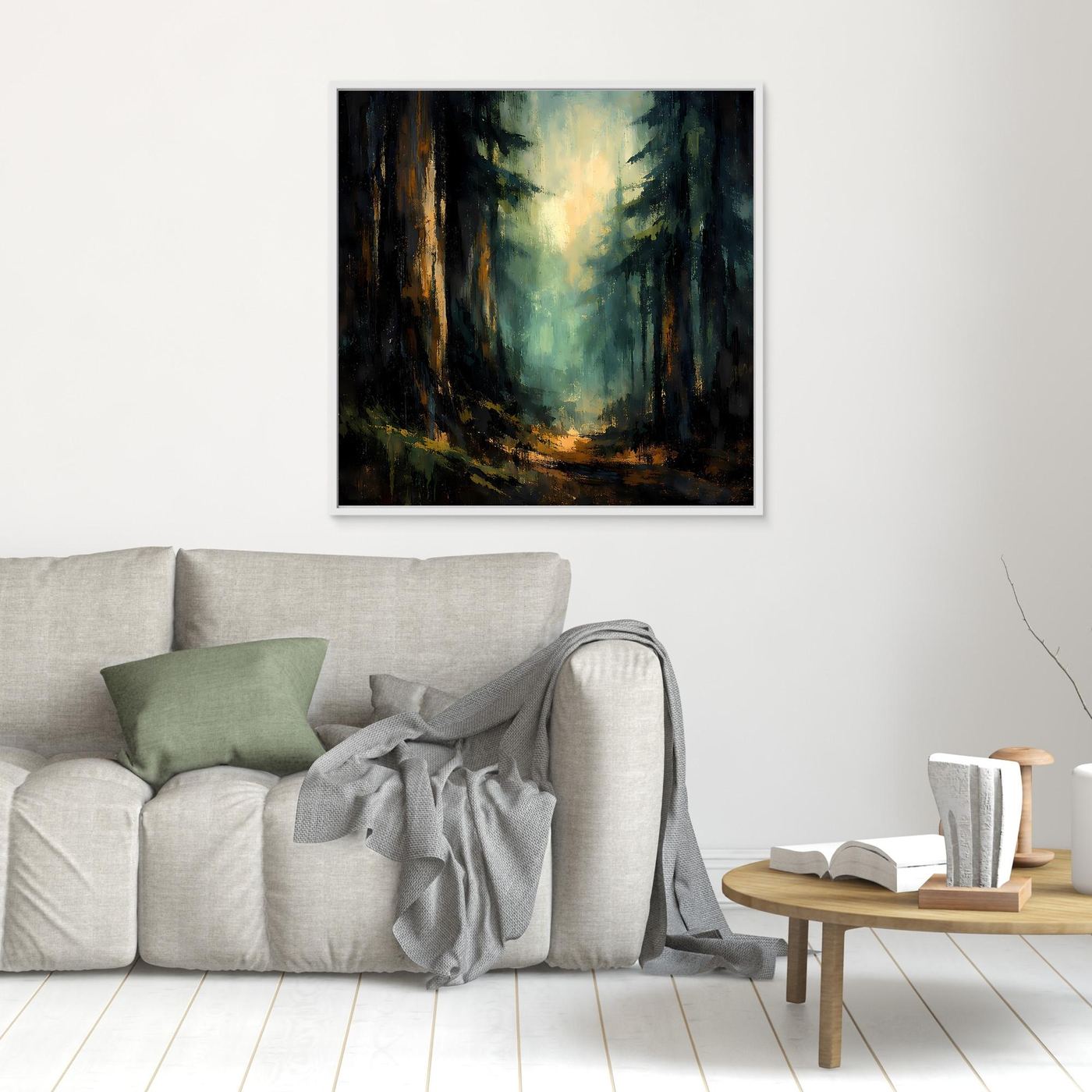 Wandbild: abstrakter Wald mit Licht, goldener Pfad, im hellem Rahmen