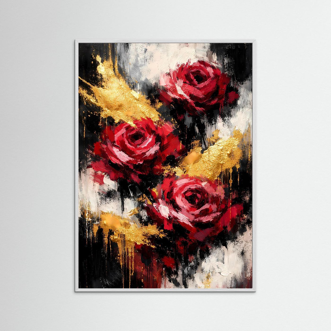 Abstraktes Blumenwandbild mit roten Rosen und goldenen Akzenten, beigem Holzrahmen