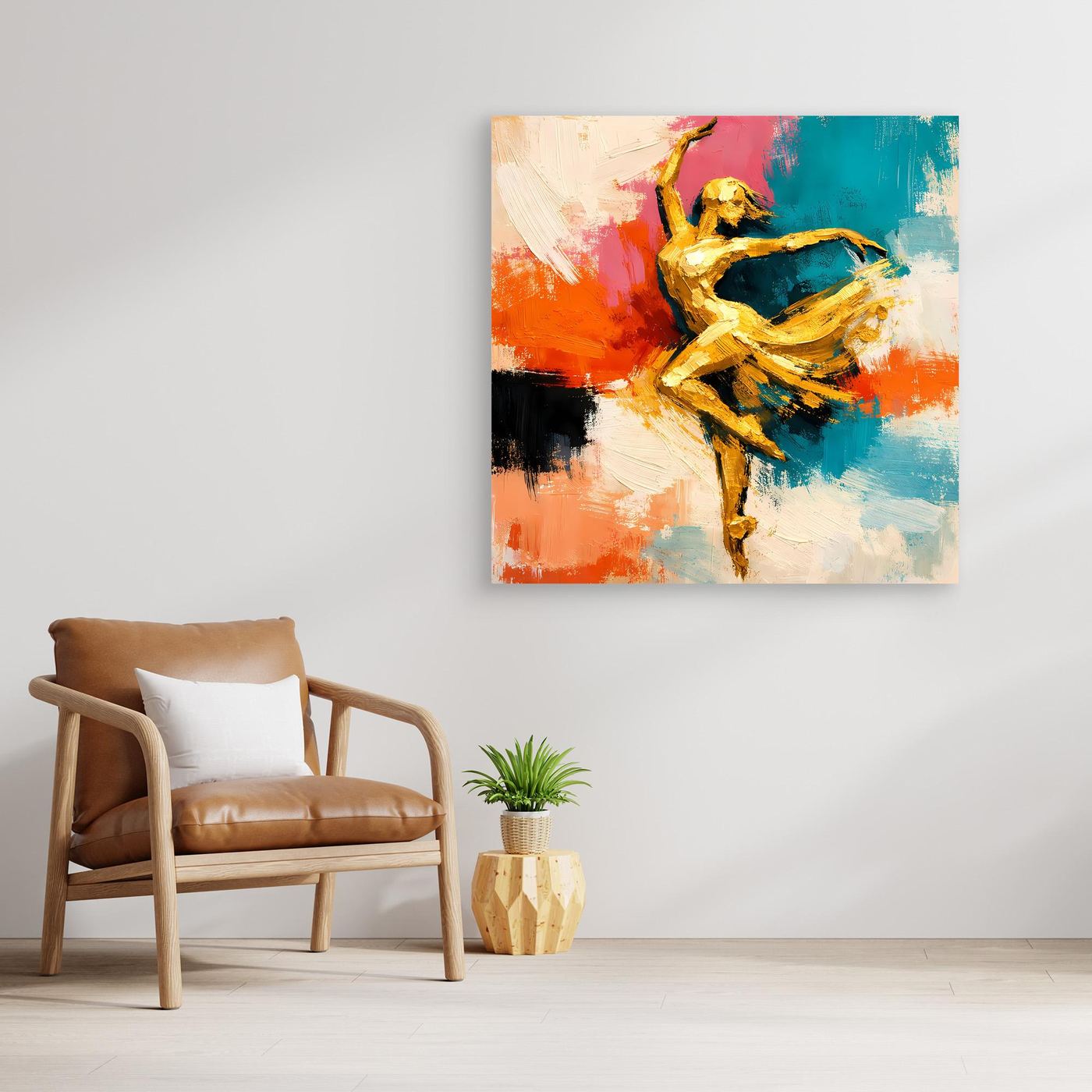 Leinwand Elegante Goldene Tänzerin im Flug | Abstraktes Ballett & Modern Art Wandbild