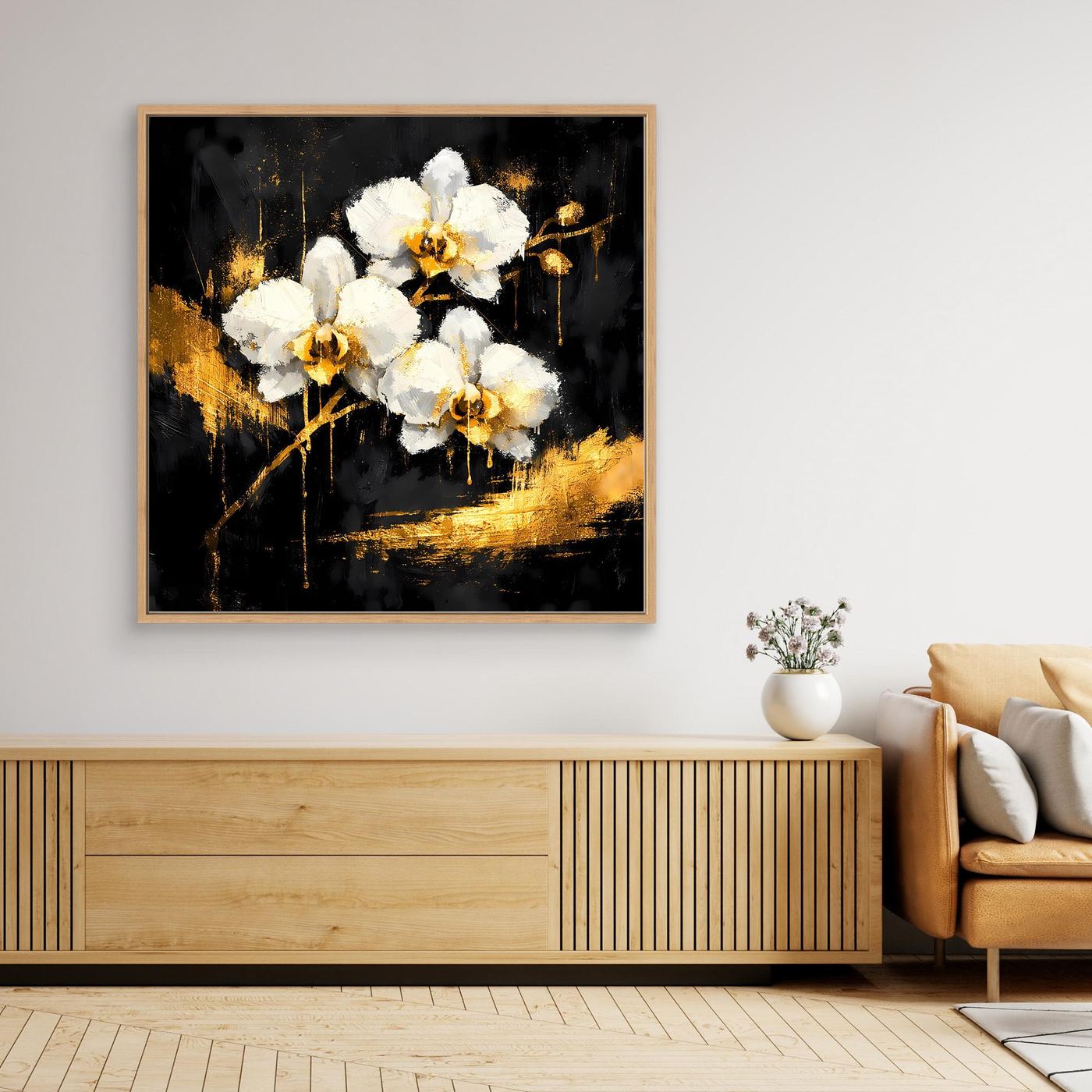 Leinwand Elegante Orchideen in Gold und Schwarz | Modernes Florales Luxus Wandbild