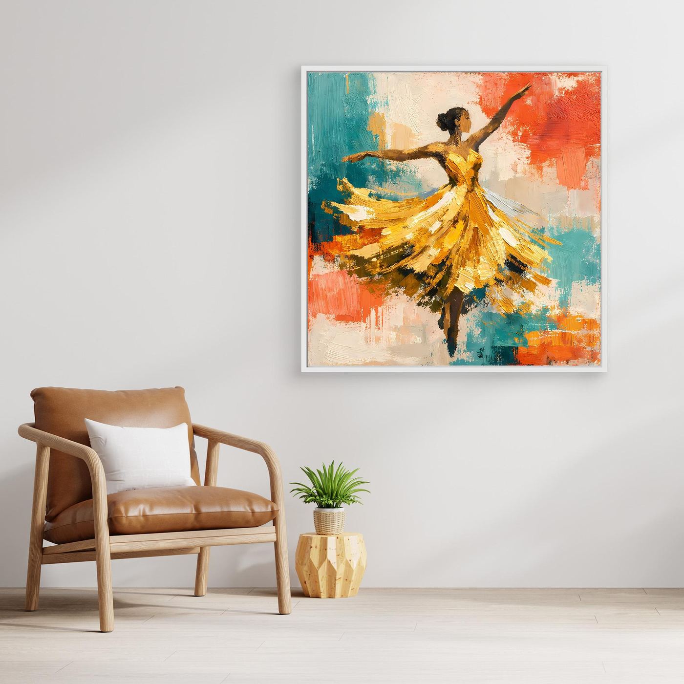 Leinwand-Wandbild mit abstrakter Tänzerin, orange-roter Hintergrund und gelbe Schattierungen