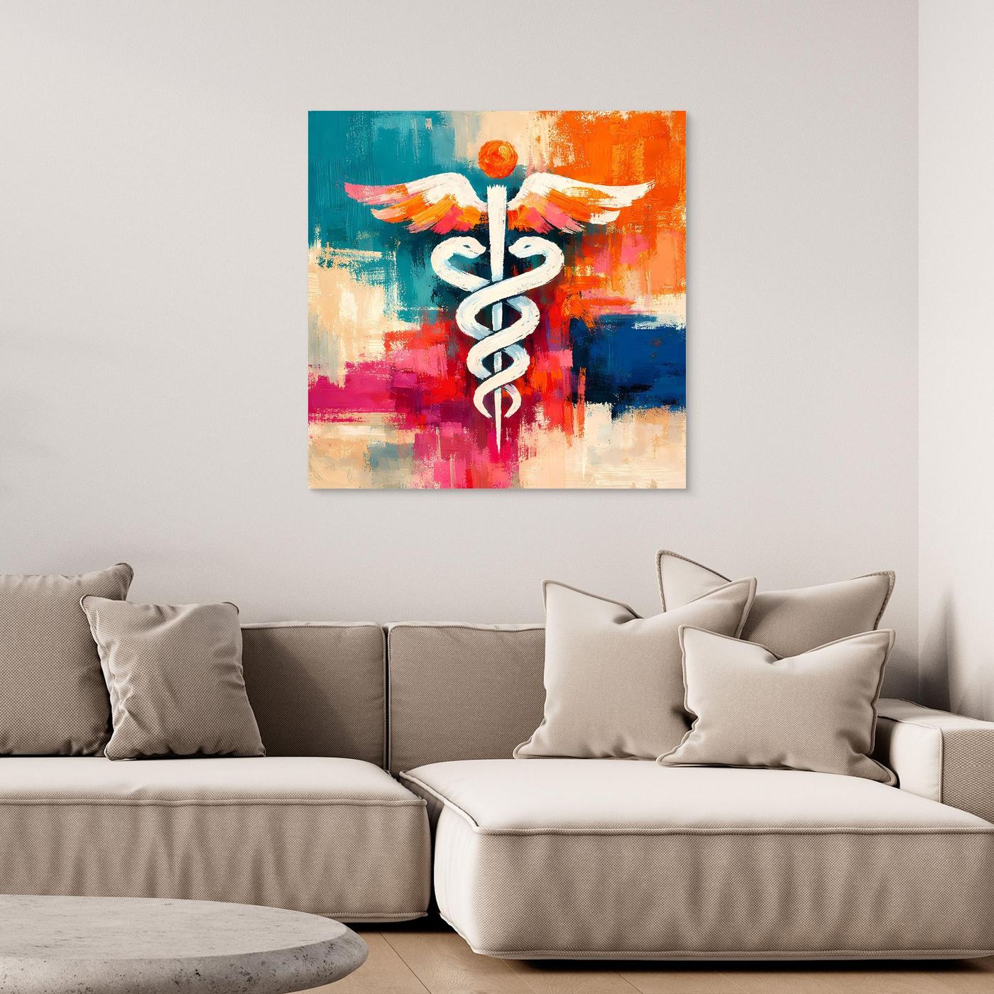 Abstract medical symbol wall canvas with white winged staff over colorful paint strokes
