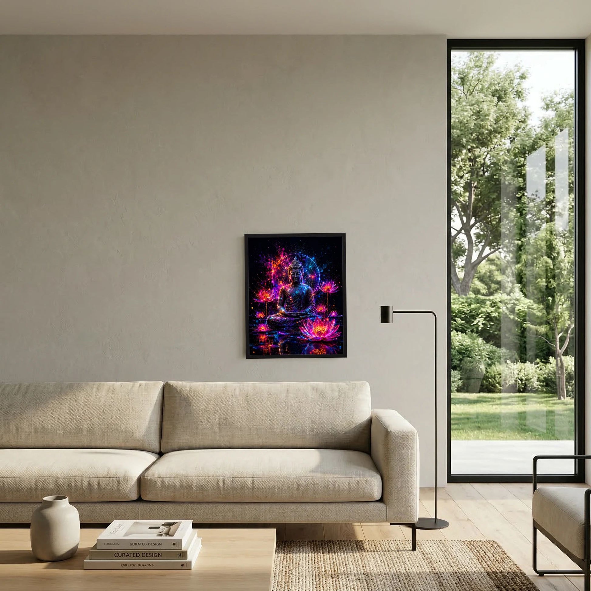 Wandbild-Poster mit sitzendem Buddha in Neon-Pink/Blau und farbigen Lotusblüten
