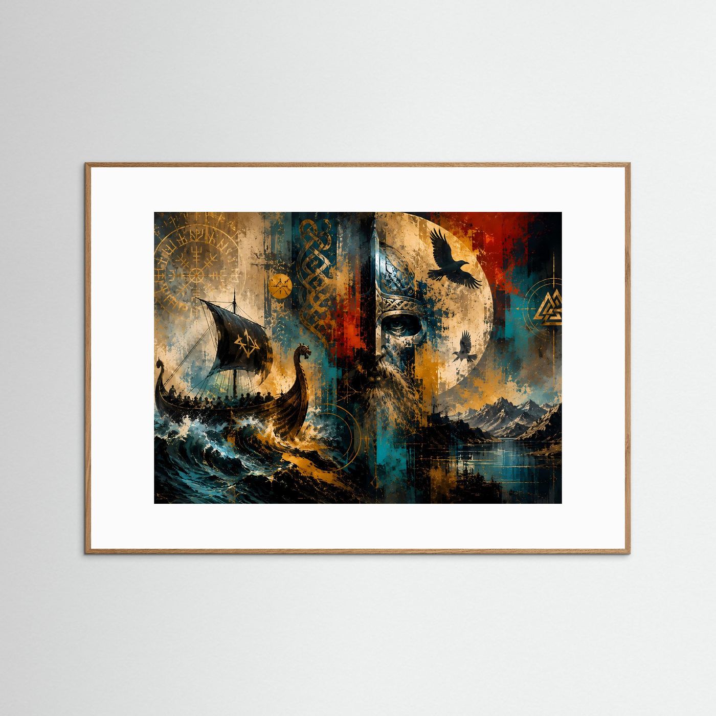 Wikinger Wandbild | Nordische Mythologie Kunst | Viking Langschiff & Krieger | Abstraktes Odin Poster | Skandinavische Premium Wanddekoration